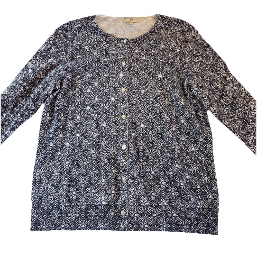 L.L. Bean Women’s Cardigan Sweater Blue & White Button Front Supima Cotton Large - Picture 3 of 10